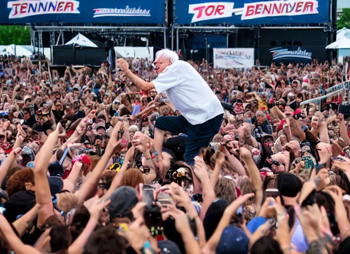 Image similar to photo still of bernie sanders at vans warped tour!!!!!!!! at age 8 0 years old 8 0 years of age!!!!!!! stage diving into a crowd, 8 k, 8 5 mm f 1. 8, studio lighting, rim light, right side key light