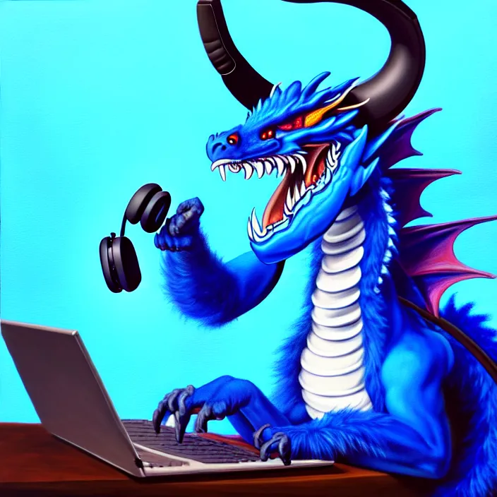 Image similar to a photorealistic painting of an anthropomorphic blue dragon wearing headphones, laptop, oil on canvas, furry, soft lighting