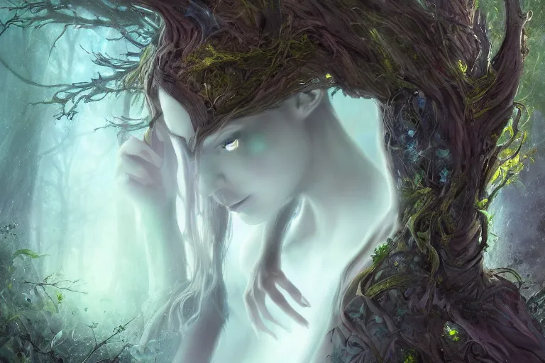 Prompt: fullbody portrait of a dryad, fey, mysterious, she's emerging from shadow, face partially hidden by a hooded cloak, ice blue eyes, determined expression, muse, maenad, autumn forest, cinematic fantasy painting, trending on art station, hard focus, cinematic lighting, ominous shadows by brian froud and jessica rossier and gaston bussiere