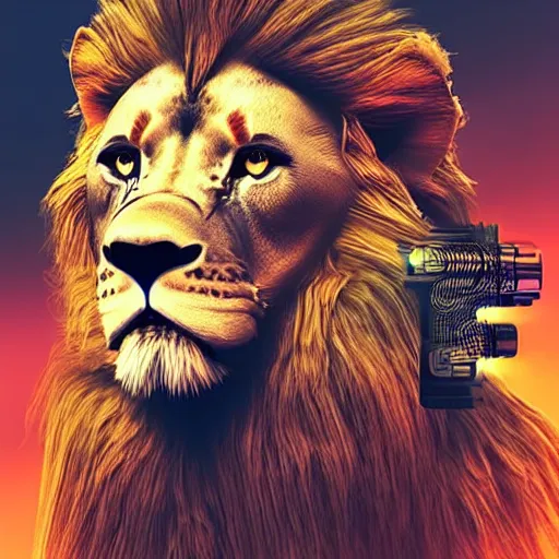 Image similar to lion with crown, cyberpunk