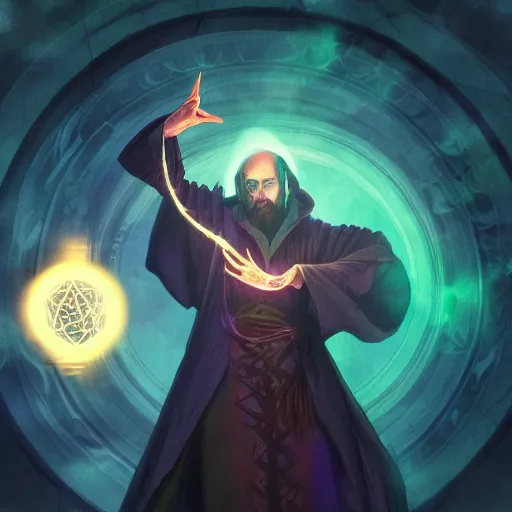 Image similar to a warlock is casting a magic spell while with magic orb floating in his hand , dynamic pose, chromatic aberration , medium level shot, Mucha style , Grim fantasy, illustration ,concept art,