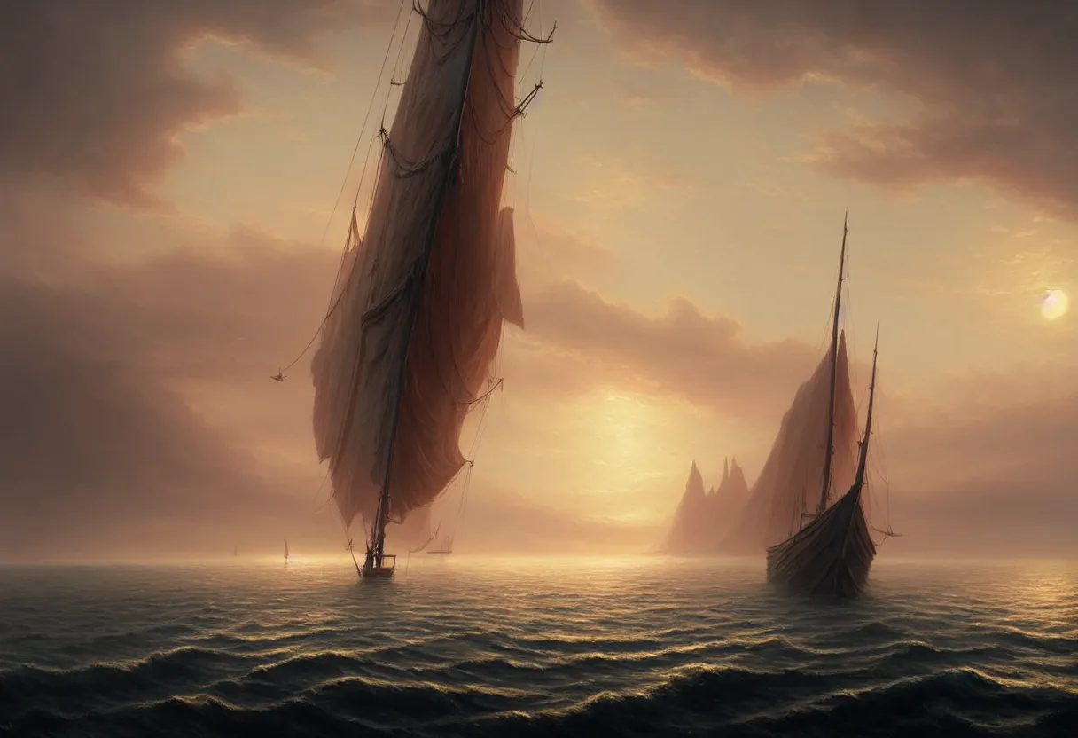 Image similar to strange sea surface of autumn planet at sunset, sailing ship on horizon, ultra high definition, ultra detailed, symmetry, fog, matte painting, by greg rutkowski and ross tran and wlop