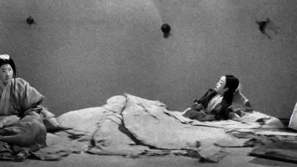Prompt: shadow of a monstrous starfish is seen behind a woman in hanbok sitting on a couch, traditional korean interior, in. rashomon a kaiju - eiga monster movie by akira kurosawa and ishiro honda