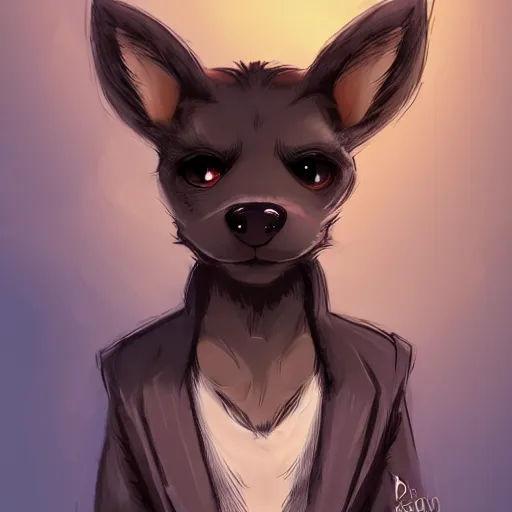 Image similar to 3/4 headshot of young male furry, D&D, cute, fantasy, intricate, short hair, black skin, dog face, dog nose, dog head, dog ears, black hair, elegant, highly detailed, cartoony, artstation, concept art, smooth, sharp focus, illustration, art by Diives