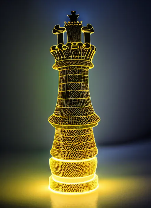 Image similar to ( 3 d printed extruded filiment, queen chess piece, bioluminescence, beautiful face, reflection of led lights, intricate detail, futuristic, very detailed, highly detailed background, sharpfocus, photorealism, soft diffuse autumn lights, some sun light ray, dark room wall, canon 5 d 5 0 mm lens