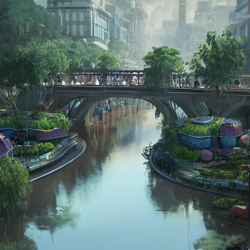 Image similar to a humongous civilization of naturists, cinematic, flowers, bridges, malls, shops, city, people, houses, wet reflections, unreal engine 5, octane, smooth, ray tracing, hyper detailed, hyper realism, fantasy, trending on artstation, behance, deviantart