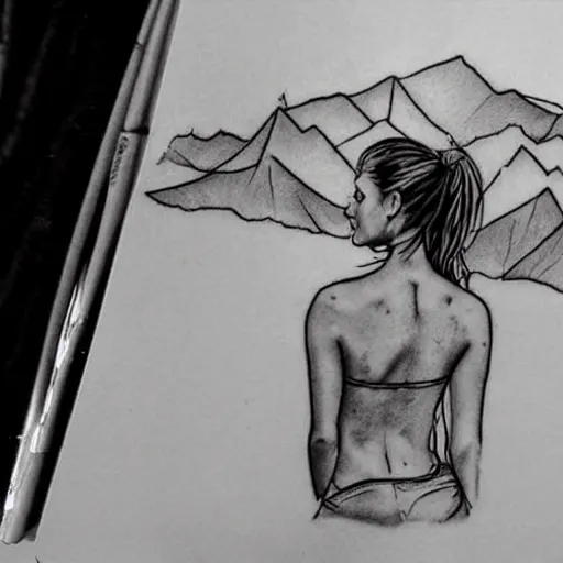 Prompt: tattoo design sketch of a beautiful girl next to a beautiful mountain scenery, hyper realistic