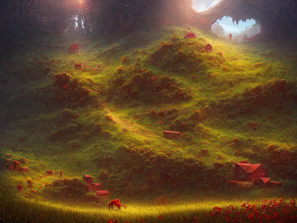 Prompt: Intricate detailed lush ravine with an isolated red barn next to a wheat crop at noon. Wide angle shot, surreal, dreamlike, fantasy, Artstation, Randy Vargas, Anato Finnstark, Bayard Wu, Marc Simonetti.