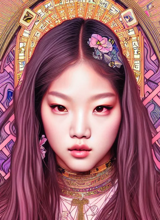 Image similar to jennie manoban of blackpink, tarot card, highly detailed, digital painting, smooth, sharp focus, illustration, ultra realistic, 8 k, art by artgerm and alphonse mucha