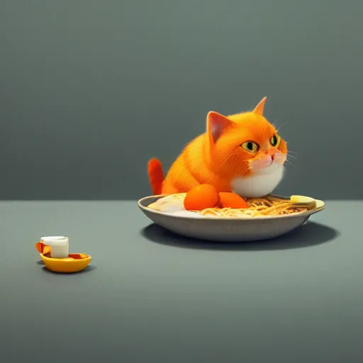 Image similar to A fat, cute orange cat eating ramen, cozy, octane render by Goro Fujita, details, lights, beautiful, 4K, 8K