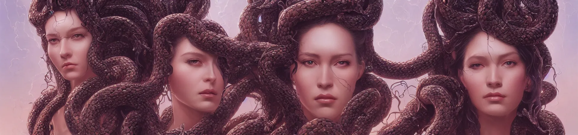 Image similar to beauty woman with snakes for hair, Medusa, detailed face, surrounded by spiders, very detailed, dramatic lighting, electrical details, high details, 4k, 8k, trending on artstation, by Greg Rutkowski, Wayne Barlowe, Hajime Sorayama and Boris Vallejo