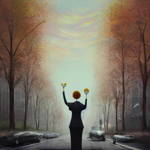 Image similar to giant white daisy flower head, frontal, girl in a suit, standing in street, surreal photography, sunrise, dramatic light, impressionist painting, digital painting, artstation, simon stalenhag