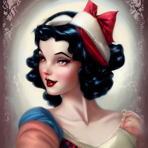 Image similar to a pinup of beautiful snow white by charlie bowater and anna dittmann and gil elvgren.