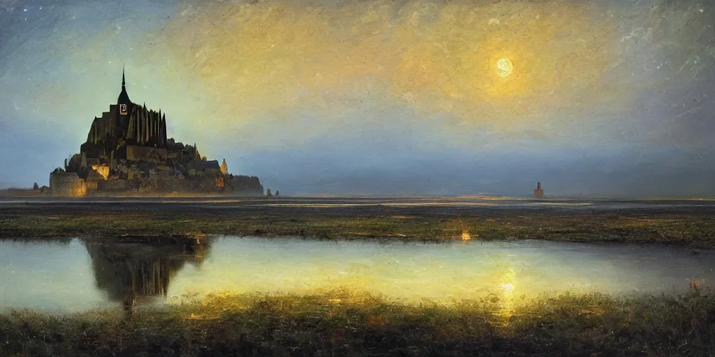 Image similar to masterpiece oil painting portraying mont saint michel in the style of romanticism landscape painters with a tree on the foreground,beautiful,misty,night sky,evocative,reflection in the water