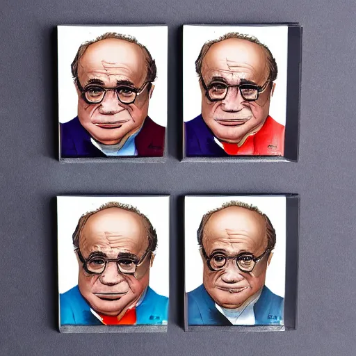 Image similar to variety pack of danny devito mugs , codex, rich colored ink, detailed, cinematic,