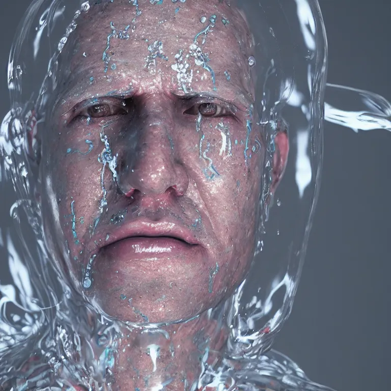 Image similar to octane render portrait by wayne barlow and carlo crivelli and glenn fabry, a man wearing a clear plastic suit filled with glowing colorful slime, inside a wet rocky cavern, cinema 4 d, ray traced lighting, very short depth of field, bokeh