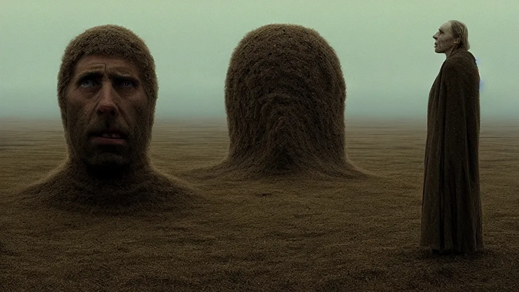 Prompt: the giant doubt, film still from the movie directed by Denis Villeneuve with art direction by Zdzisław Beksiński, wide lens