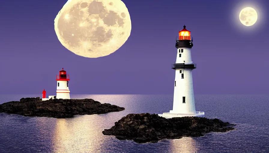 Image similar to a large full moon over a lighthouse out at sea, digital art, highly detailed, realistic, bright colors, 8 k