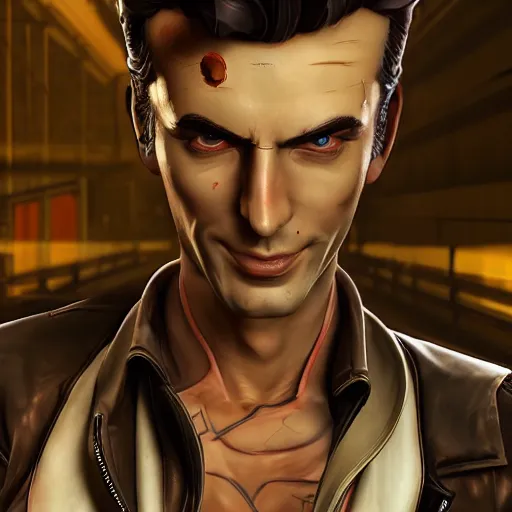 Image similar to 8K Portrait, medium shot, sadistic godlike Handsome Jack with a shotgun in his hands, from the Borderlands series, Pandora Vault in the background , post-processing , photorealistic, digital painting, award winning, superb resolution, in the art style of Karen Mead, Hyper realistic, 3D Portrait, octane render, arnorld render, DAZ, PBR, path tracing, volumetric lighting, attention to detail, polished, high resolution, 3-point perspective, unreal engine 5, IMAX quality, cinematic, intricate, dramatic, symmetrical