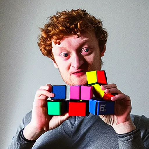 Prompt: photograph of James Acaster jugging rubiks cubes