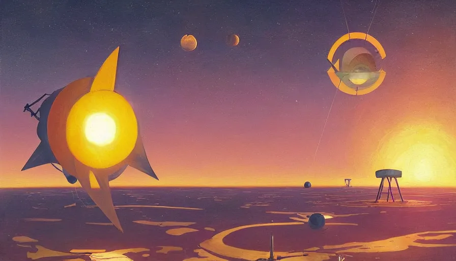 Image similar to solar sail floating in front of the sun in space, simon stalenhag, art deco painting