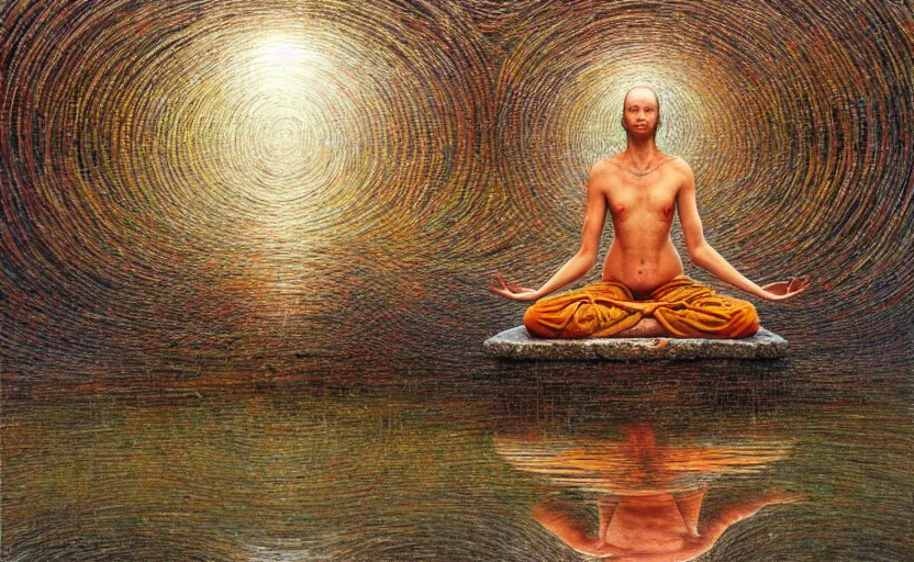 Prompt: psychedelic shaman meditating in the lotus position, levitating over reflecting pool hd by Peter gric