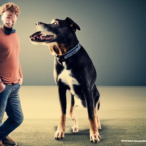 Prompt: a realistic detailed photo of a man who is very angry standing next to a very happy dog, realistic, photographic, cinematic, 8 k