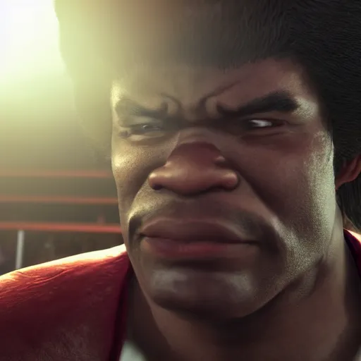 Image similar to a videogame still of James Brown in Tekken 7, portrait, 40mm lens, shallow depth of field, close up, split lighting, cinematic
