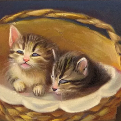 Prompt: two kittens sleeping in a basket, oil paint, warm color palette, happy