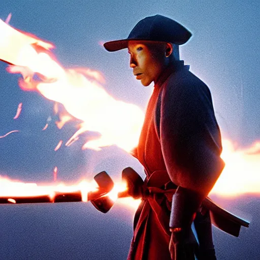 Image similar to cinematic film still Pharrell Williams starring as a Samurai holding fire, Japanese CGI, VFX, 2003, 40mm lens, shallow depth of field,film photography