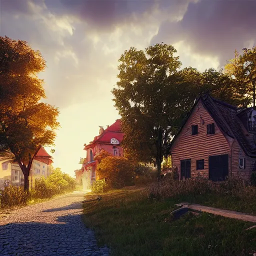 Image similar to a beautiful hyper realistic photo of banska stiavnica in summer with old houses and trees in sunset, sky, v - ray, octane render, unreal engine, by greg rutkowski and james gurney, artstation