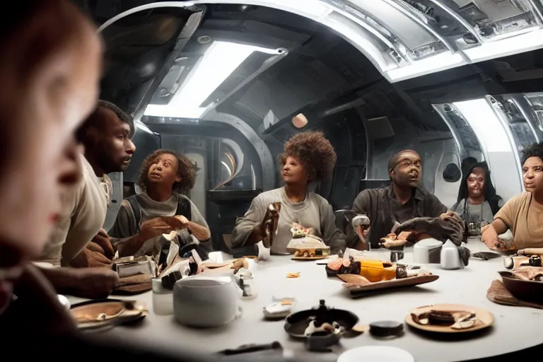 Image similar to movie closeup diverse interracial small team of American sci-fi futuristic space explorers talking at the table in a spaceship kitchen, beautiful skin, Symmetrical faces. Beautiful lighting by Emmanuel Lubezki