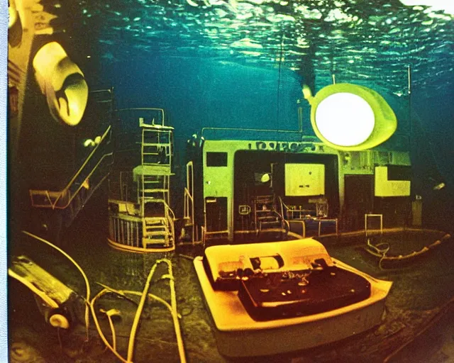 Image similar to wide angle, under water deep sea laboratory, at night, lo fi, polaroid 6 0 0, 1 9 7 5 lightning, vintage science fiction, aquatic plants, colorful swirls of paint, movie set, film noir