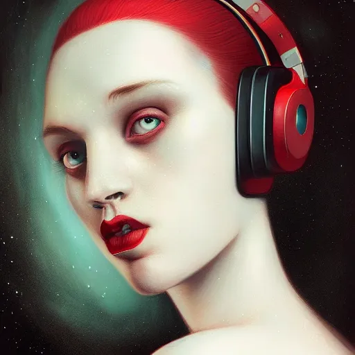 Prompt: portrait of a pale bald woman with red headphones, staring at you, black background, curious eyes, by Anato Finnstark, Tom Bagshaw, Brom
