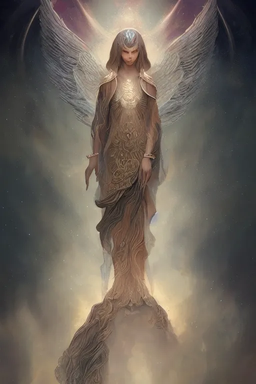 Prompt: A beautiful digital painting of a female Seraphim, intricate, cinematic lighting, cosmic background, highly detailed, digital painting, Artstation, concept art, smooth, sharp focus, illustration, art by Tom Bagshaw, Artgerm and Greg Rutkowski