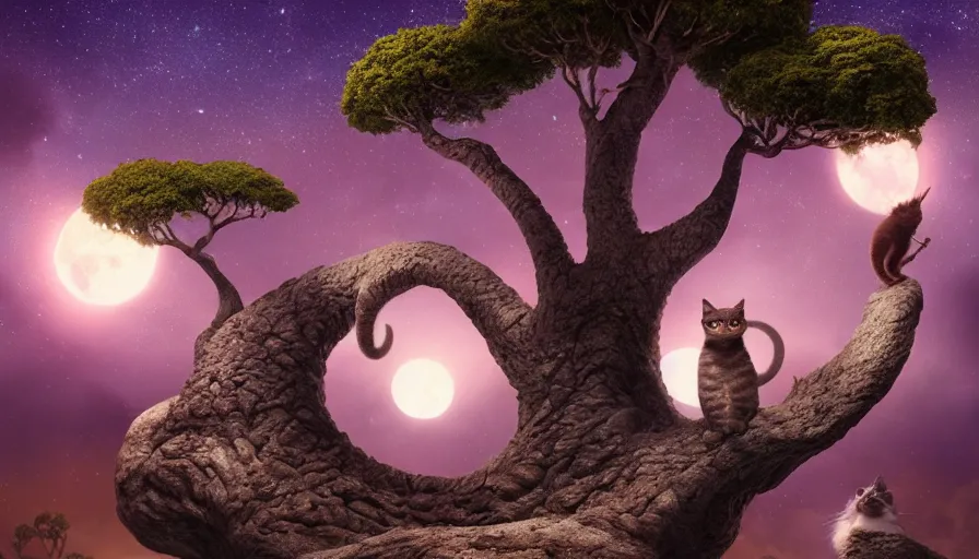 Image similar to very very small cat, sitting on a gigantic dragon tree in moonlit socotra island by ilya kuvshinov, starry night, rtx rendering, octane render 1 2 8 k, maya, extreme high intricate details by tom bagshaw, medium shot, close up shot, composition by sana takeda, lighting by greg rutkowski