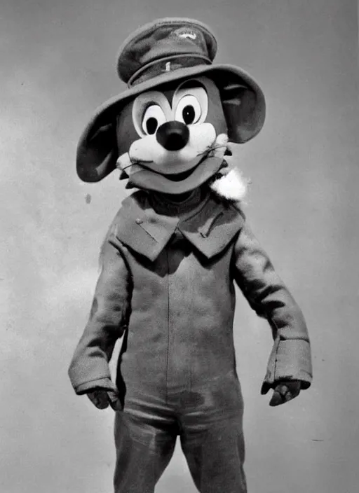 Image similar to Chuck E. Cheese mascot grainy 1940’s WWII military portrait of an anthropomorphic rat animatronic dressed like a soldier, professional portrait HD, mouse, Chuck E. Cheese head, authentic, mouse, costume weird