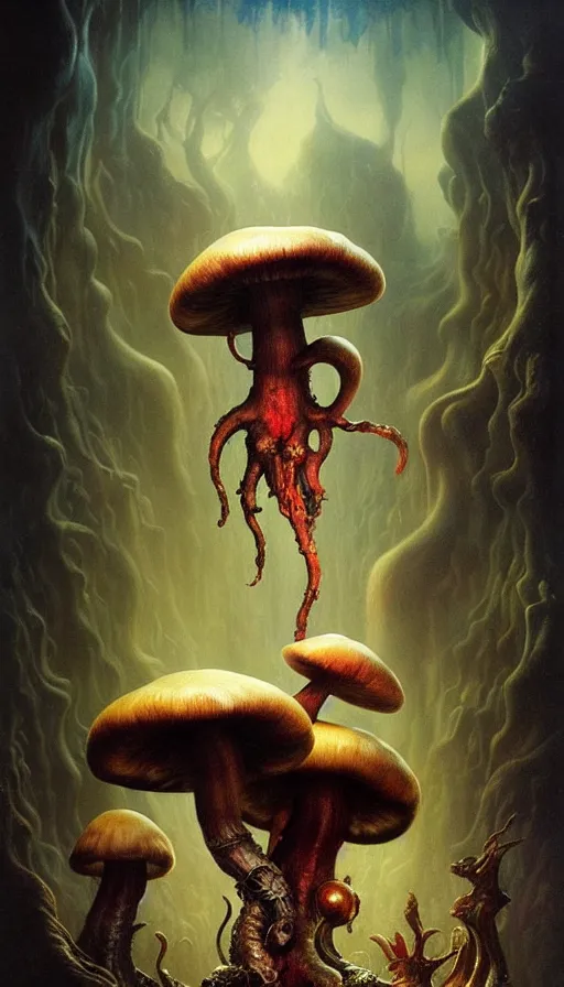 Image similar to exquisite imaginative imposing weird creature movie poster art humanoid hype realistic mushroom movie art by : : weta studio tom bagshaw james jean frank frazetta