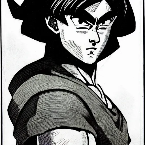 Image similar to franklin booth illustration of a man with sharp features from dragon ball z