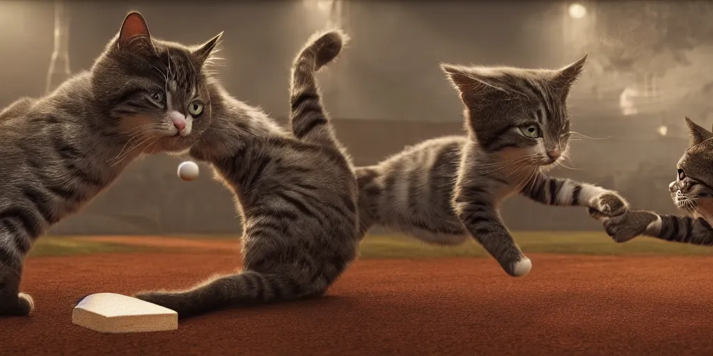 Prompt: cats playing baseball, realistic 4 k octane beautifully detailed render, 4 k post - processing, highly detailed, intricate complexity, epic composition, magical atmosphere, cinematic lighting, masterpiece, ultra hd