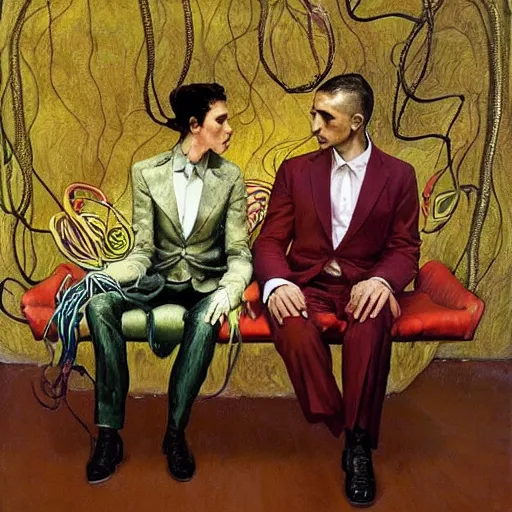 Image similar to two lovers wearing a suit made of nervous system, seated in a sofa, channeling third eye energy, surrounded by a background of dark cyber mystic garden of earthly delights, midnight hour, painted part by wojciech siudmak, part by ilya repin, part by norman rockwell, part by hype williams, artstation