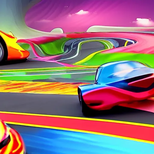 Image similar to high-speed future tech car battle, epic scene, candyland theme, fantasy, 4k