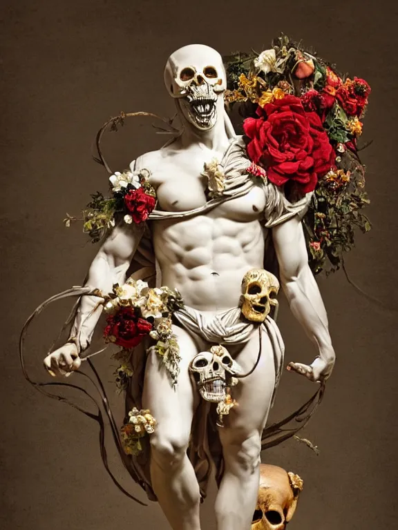 Prompt: a man in the form of a Greek sculpture with a mask in the form of a skull and wreath of flowers, skull in right hand, dressed in a biomechanical dress of a demon by Roberto Ferri, stands in the pose of a super hero on a golden stone, silk, fabric, birds, flowers. red plastic. baroque elements, human skull. full-length view. baroque element. intricate artwork by caravaggio. birds on background. Trending on artstation. halo. octane render, cinematic, hyper realism, octane render, 8k, depth of field, bokeh. iridescent accents. vibrant. teal and gold and red colour scheme