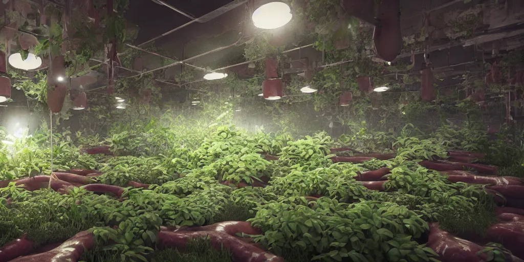 Image similar to plants like meat are irrigated by pipes flowing with milky liquid, central composition, fluid, ultra clear material, volumetric light, lightrays, cinematic, atmospheric, 3 d concept art, octane render, beautiful, cinematic lighting, intricate details.