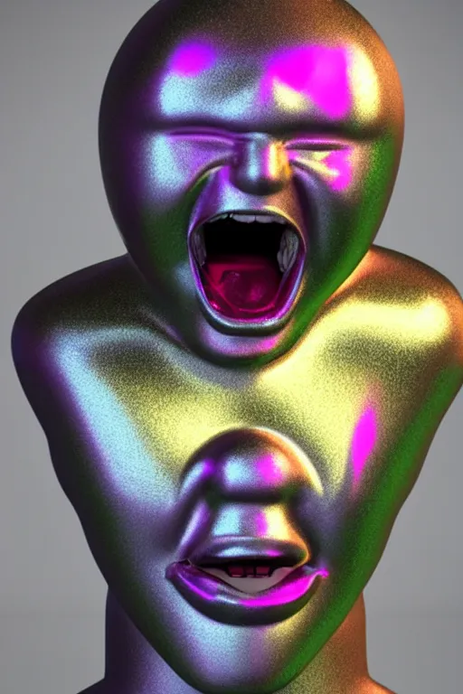 Image similar to 3d render of holographic angry human robotic screaming angry bust made of glossy iridescent, screaming, bust, surrealistic 3d illustration of a human non-binary, non binary model, 3d model human, cryengine, made of holographic texture, holographic material, holographic rainbow, concept of cyborg and artificial intelligence