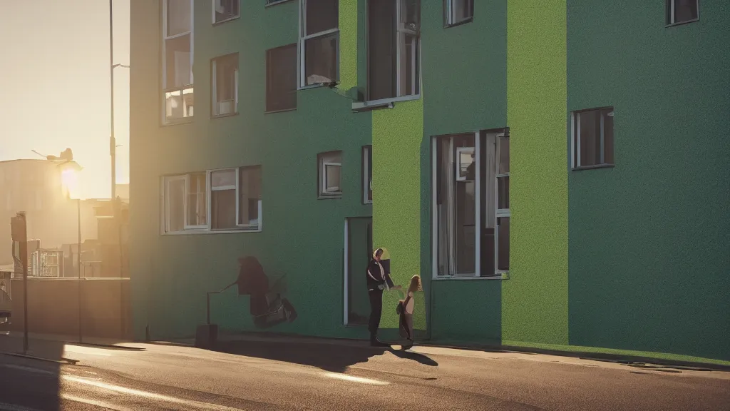 Image similar to a couple, green apartment house, textured walls, quiet street, reykjavik, sunset lighting, rim light, hyper realistic, cinematic frame