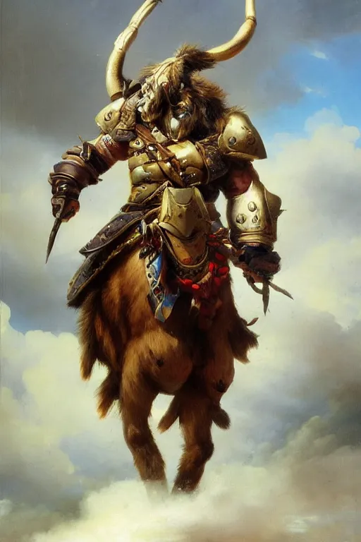 Prompt: oil painting of a tauren wearing full plate armor, in style of ivan aivazovsky, expressive face, detailed face, detailed eyes, full body, feminine face, tracer overwatch,