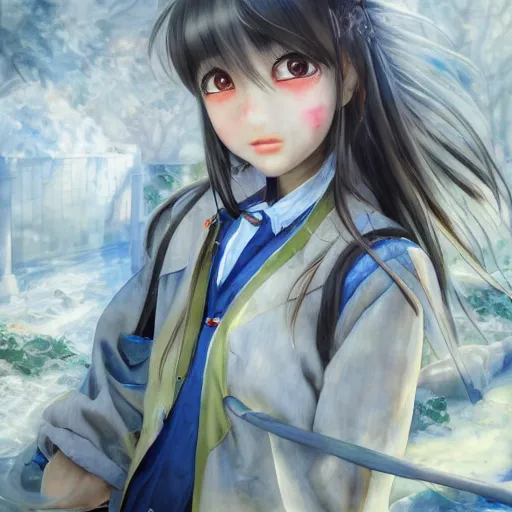 Prompt: dynamic composition, motion, ultra-detailed, amazing details, colorful and grayish palette, HD semirealistic anime CG concept art digital painting, watercolor oil painting of a Japanese schoolgirl, by a Chinese artist at ArtStation, by Huang Guangjian, Fenghua Zhong, Ruan Jia, Xin Jin and Wei Chang. Realistic artwork of a Chinese videogame, gradients, gentle an harmonic grayish colors.