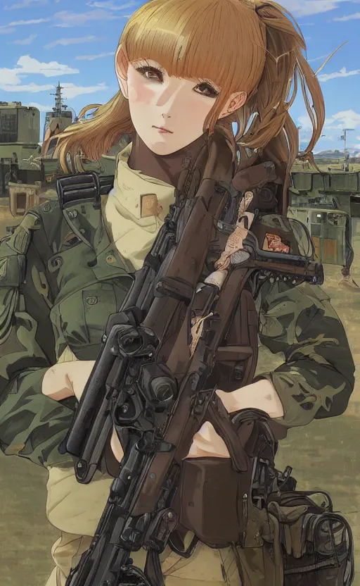 Image similar to portrait of a female soldier, highly detailed, high resolution, military camp in the background, full color manga visual style, illustration, stunning, girls frontline style, bokeh soft, matte, 100mm, trending artwork, by professional photographer, hayao miyazaki, ilya kuvshinov, alphonse mucha, studio mappa, realistic human anatomy, realistic military carrier, modern warfare, realistic weapon, shot with a arriflex 35 ii, low saturation, small eyes