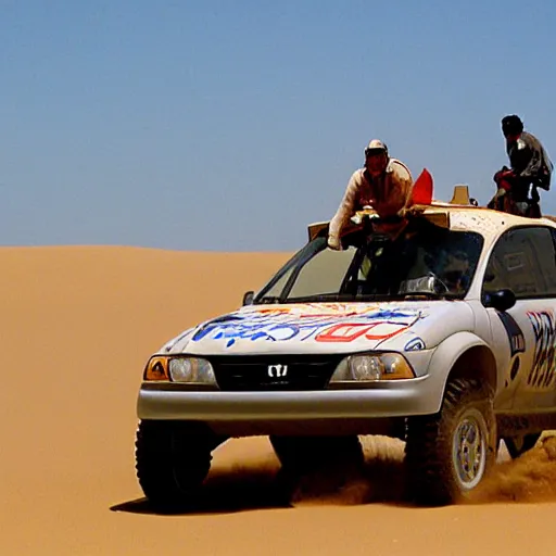 Image similar to grey Honda Civic 2001 jumping over dune desert in the 2003 Dakar rally. Many spectators watch. Honda civic with rusted panels old Cannon Photo 45mm wide angle full view un cropped. 720p photo by Jesse Alexander.